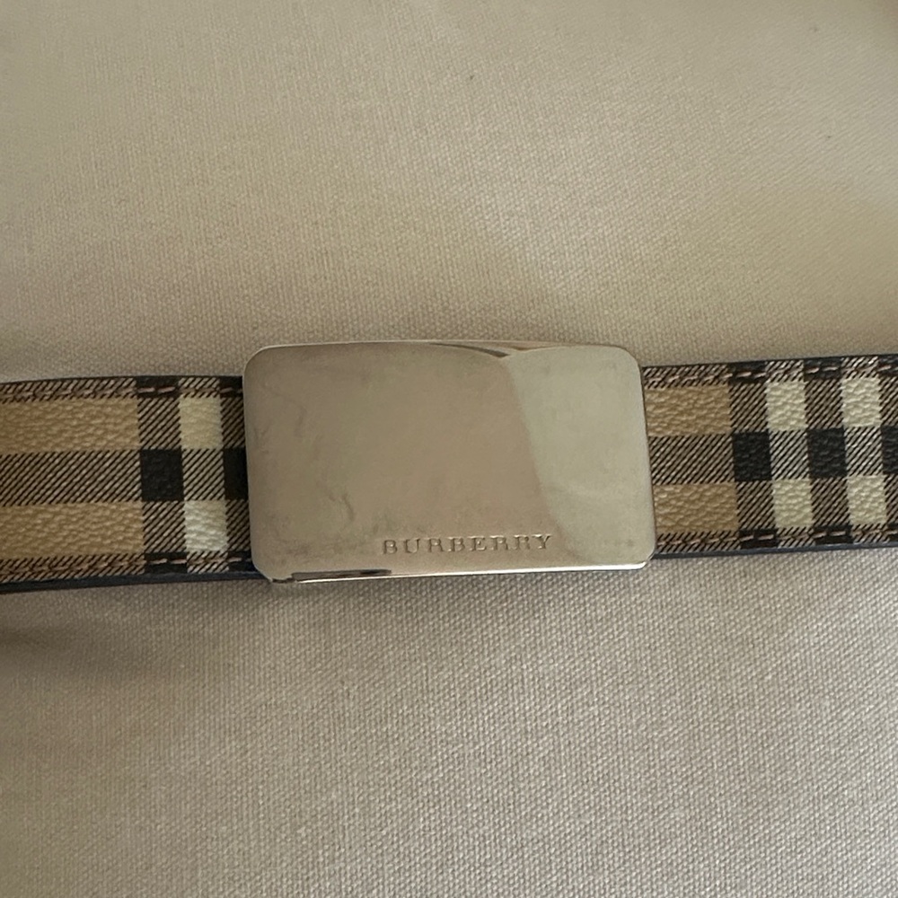 Burberry Tan and Black Plaid Belt with Silver Buckle